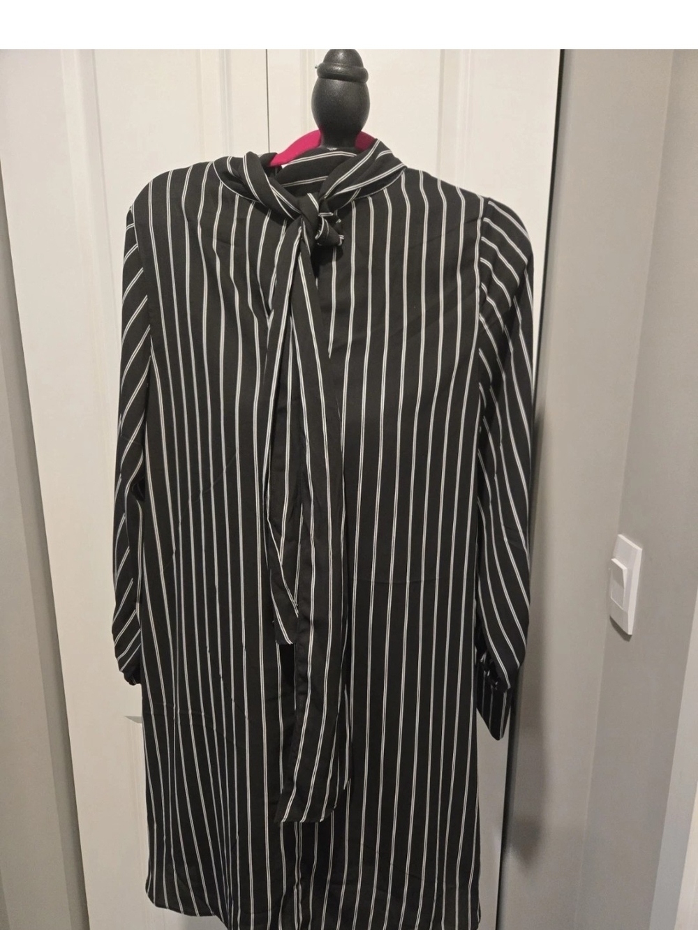 City Chic Black and White Vertical Stripe Tie-Neck Dress